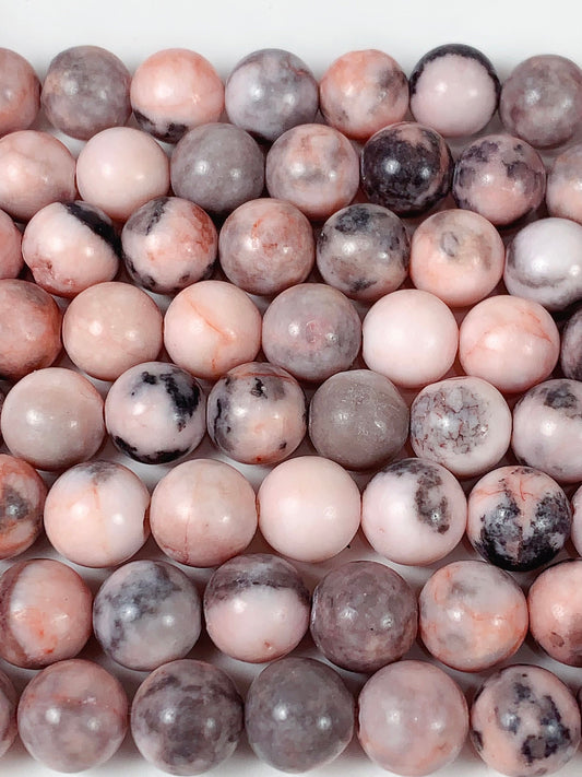 Pink Gray Zebra Jasper Beads: Natural Smooth Round Gemstone Strand