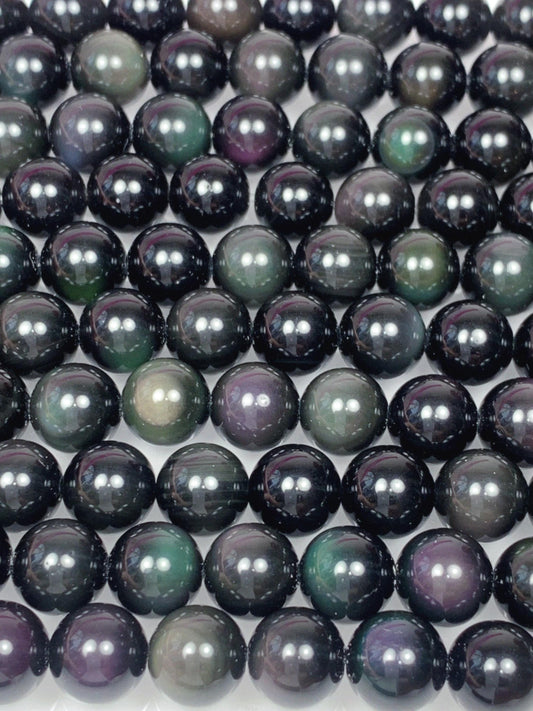 Natural Rainbow Obsidian Smooth Round Beads Gemstone 15.5" Strand