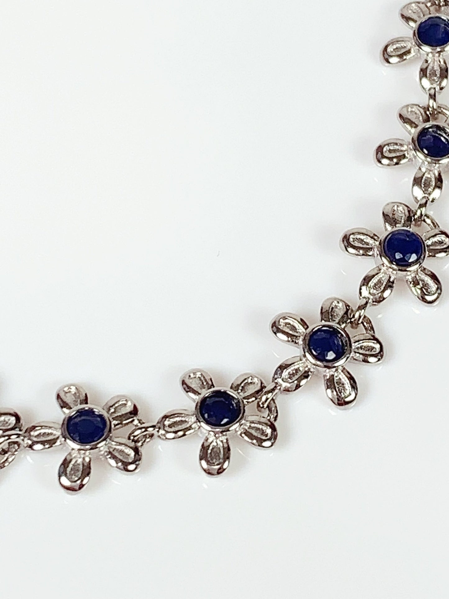 Blue Sapphire Flower Bracelet: 18K White Gold Plated Sterling Silver
