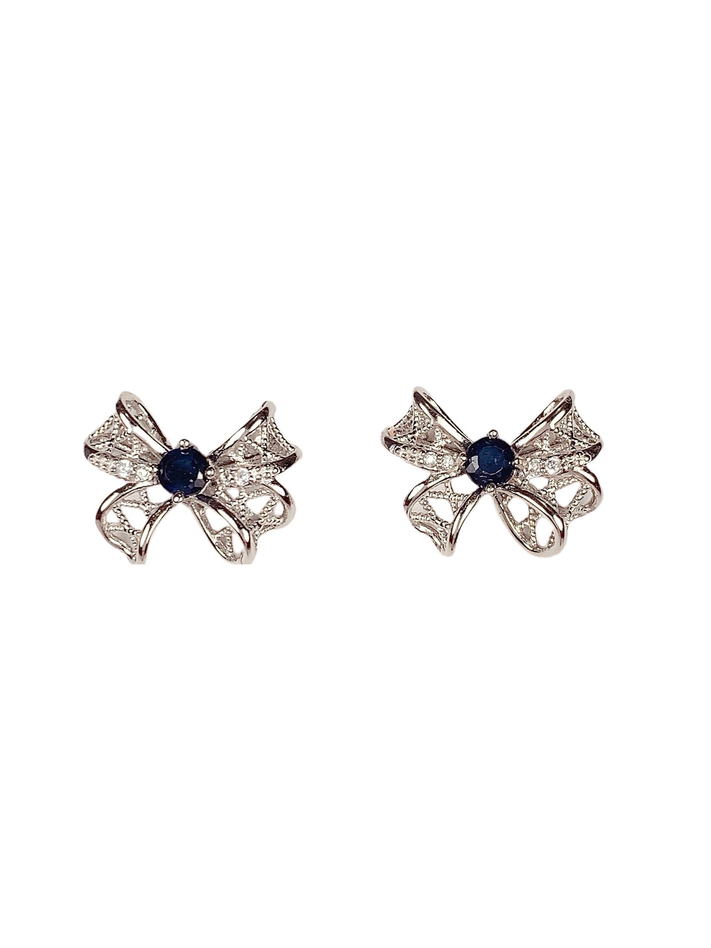 Blue Sapphire Sterling Silver Earrings: 18K White Gold Plated Bow