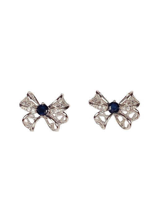 Blue Sapphire Sterling Silver Earrings: 18K White Gold Plated Bow