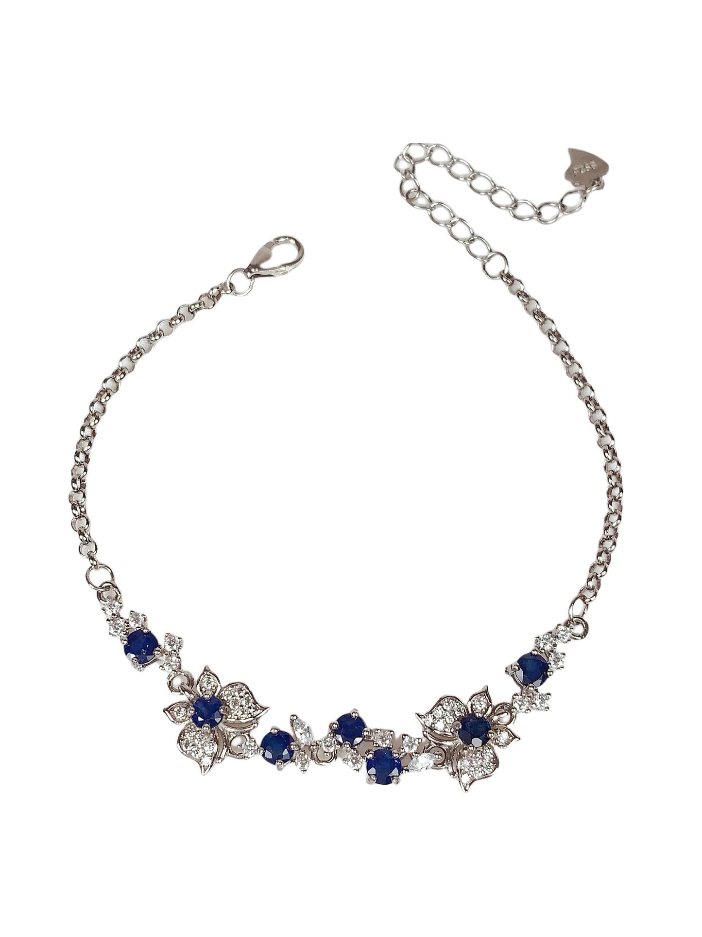 Blue Sapphire Floral Bracelet: 18K White Gold Plated Sterling Silver