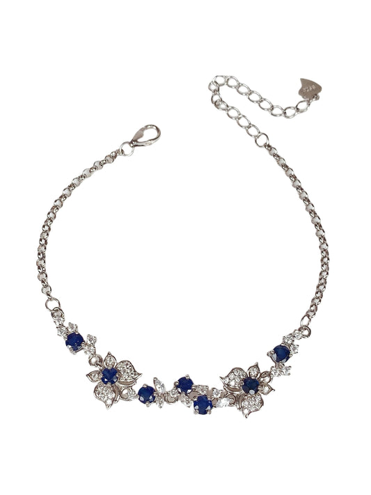 Blue Sapphire Floral Bracelet: 18K White Gold Plated Sterling Silver