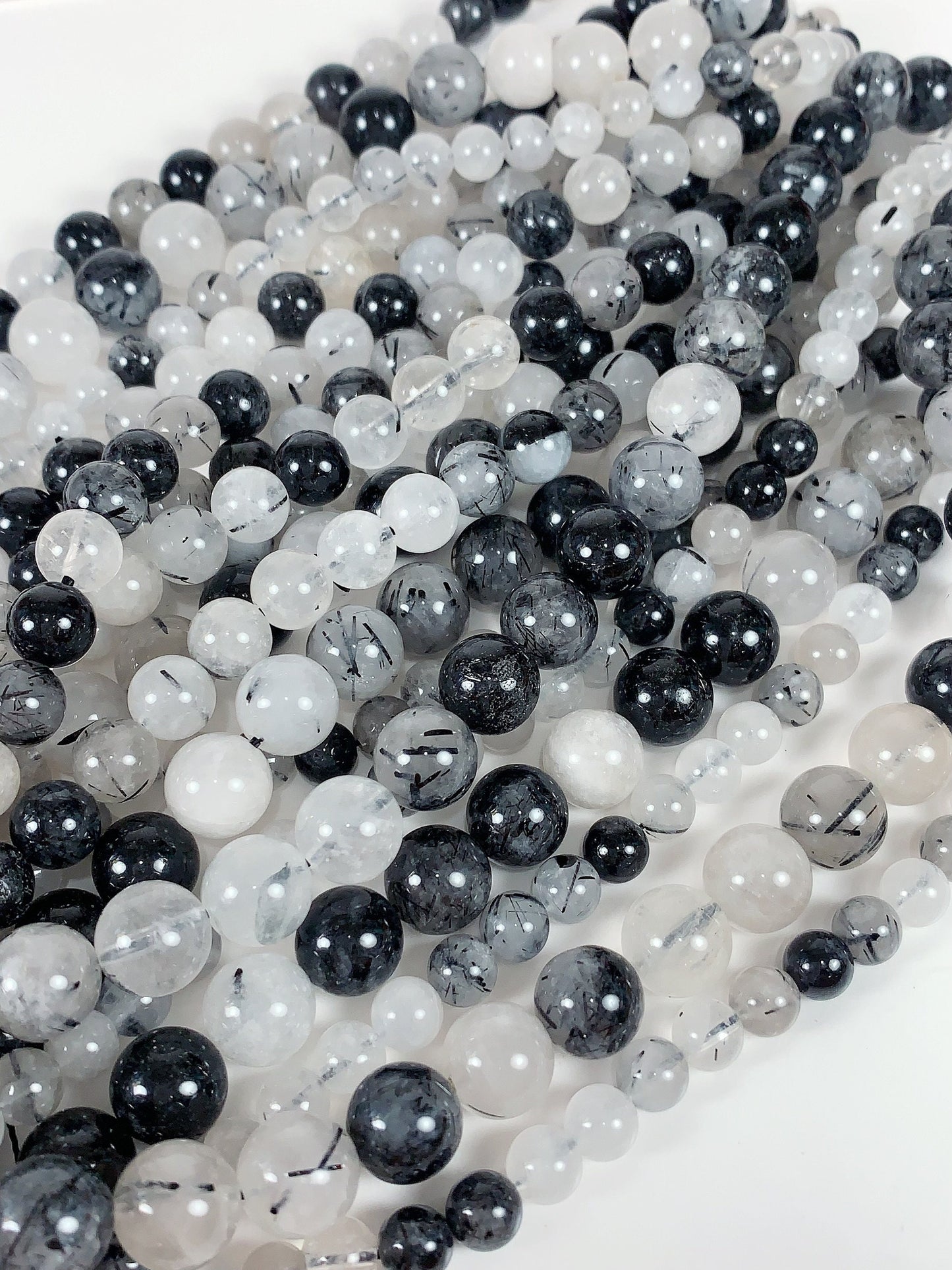 Black Tourmaline Rutilated Quartz Beads: Natural Gemstone Strand