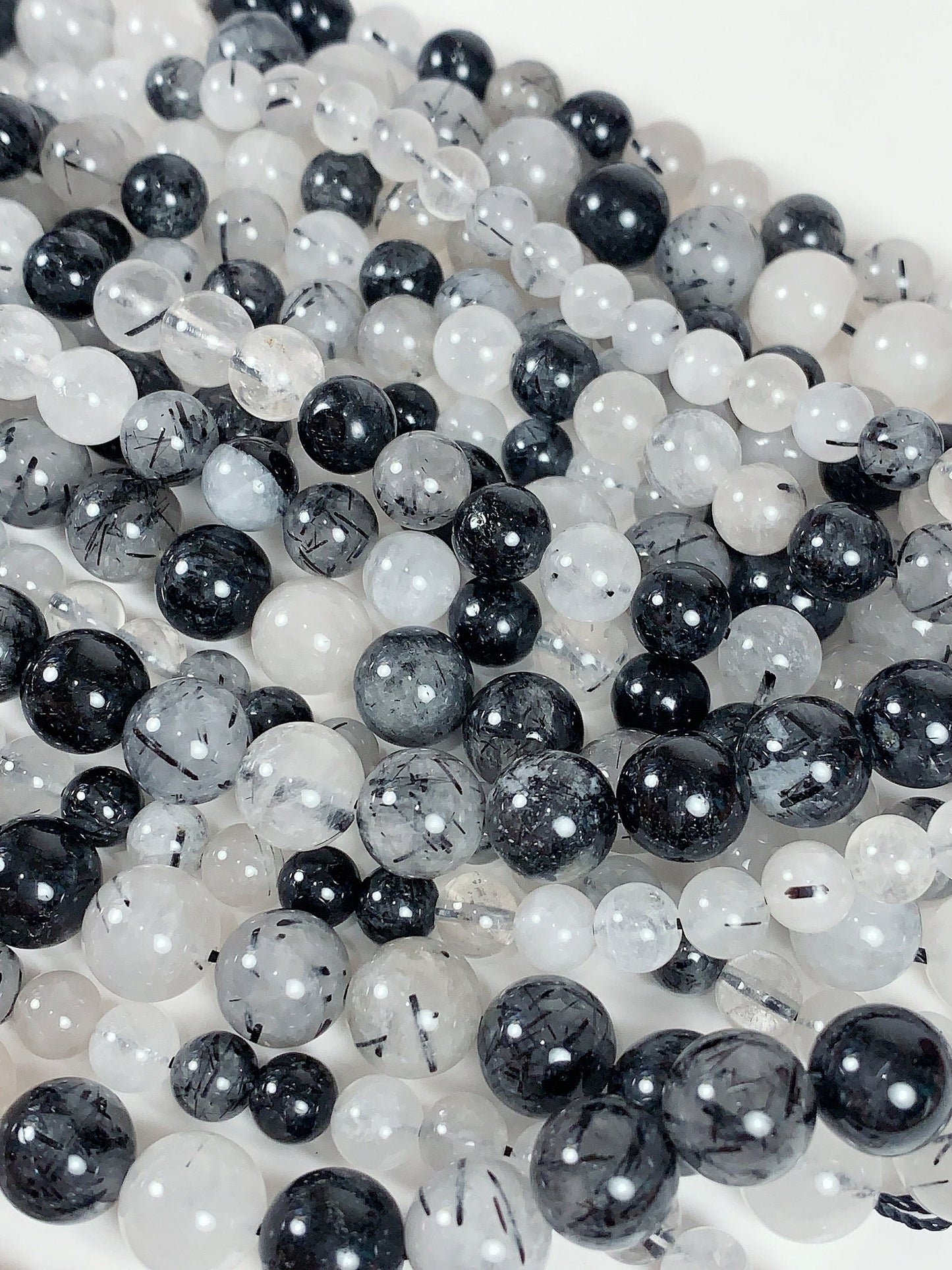 Black Tourmaline Rutilated Quartz Beads: Natural Gemstone Strand