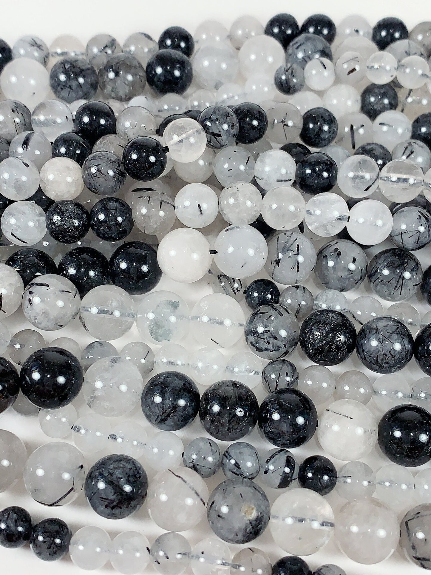 Black Tourmaline Rutilated Quartz Beads: Natural Gemstone Strand