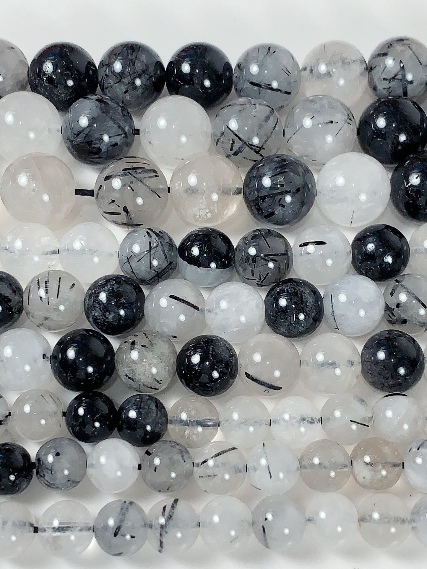 Black Tourmaline Rutilated Quartz Beads: Natural Gemstone Strand