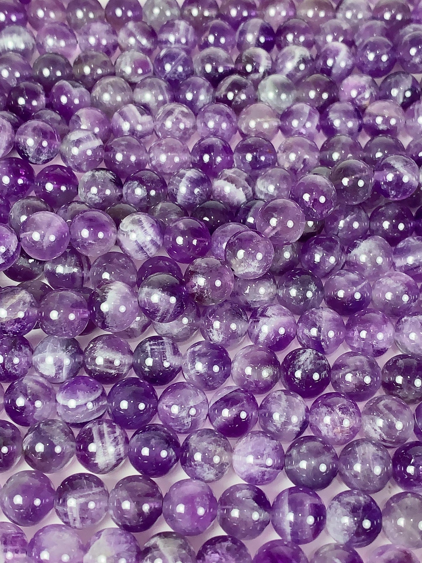 Amethyst White Stripe Quartz Beads: Natural Smooth Round, 15.5" Strand