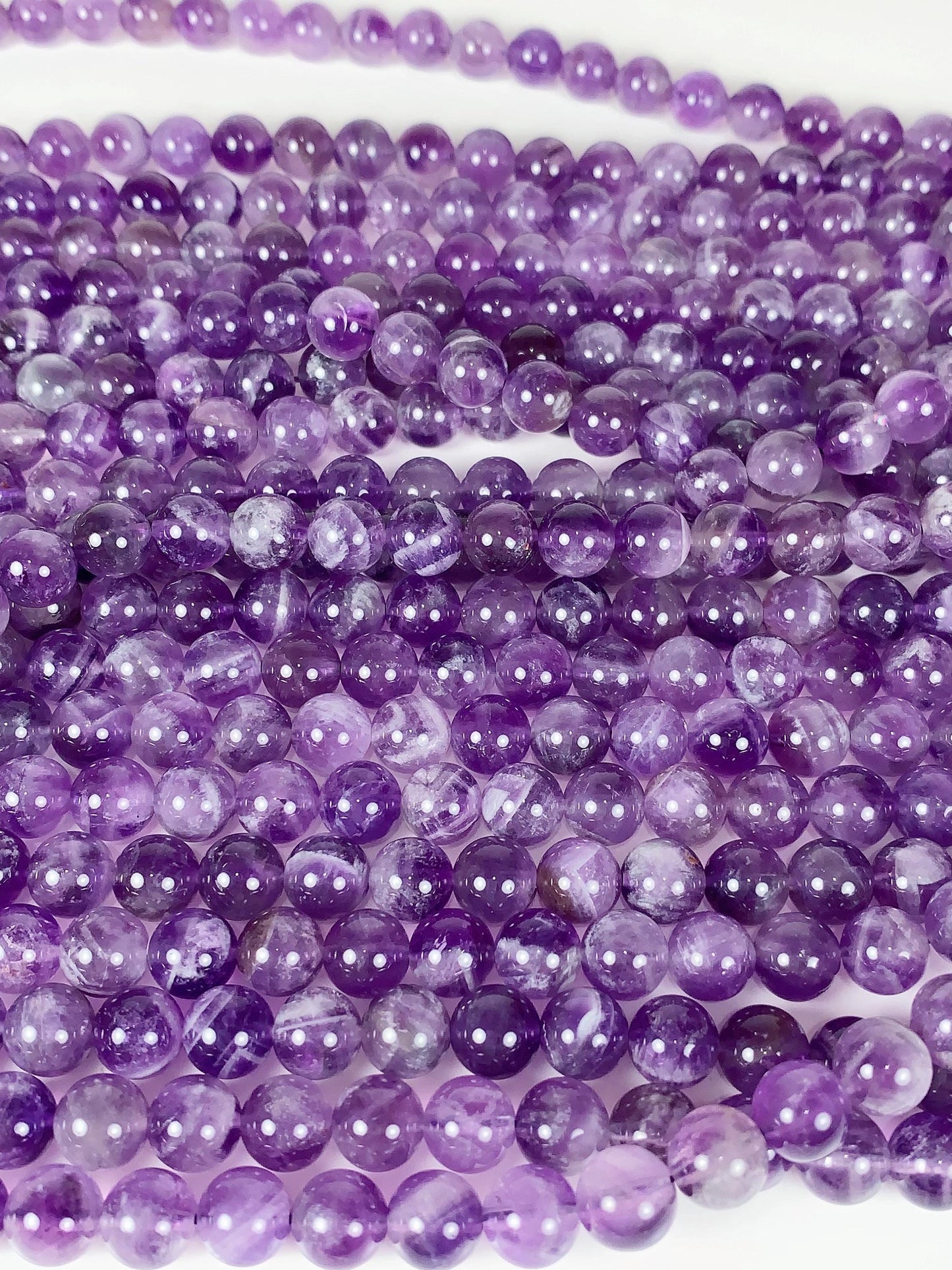 Amethyst White Stripe Quartz Beads: Natural Smooth Round, 15.5" Strand