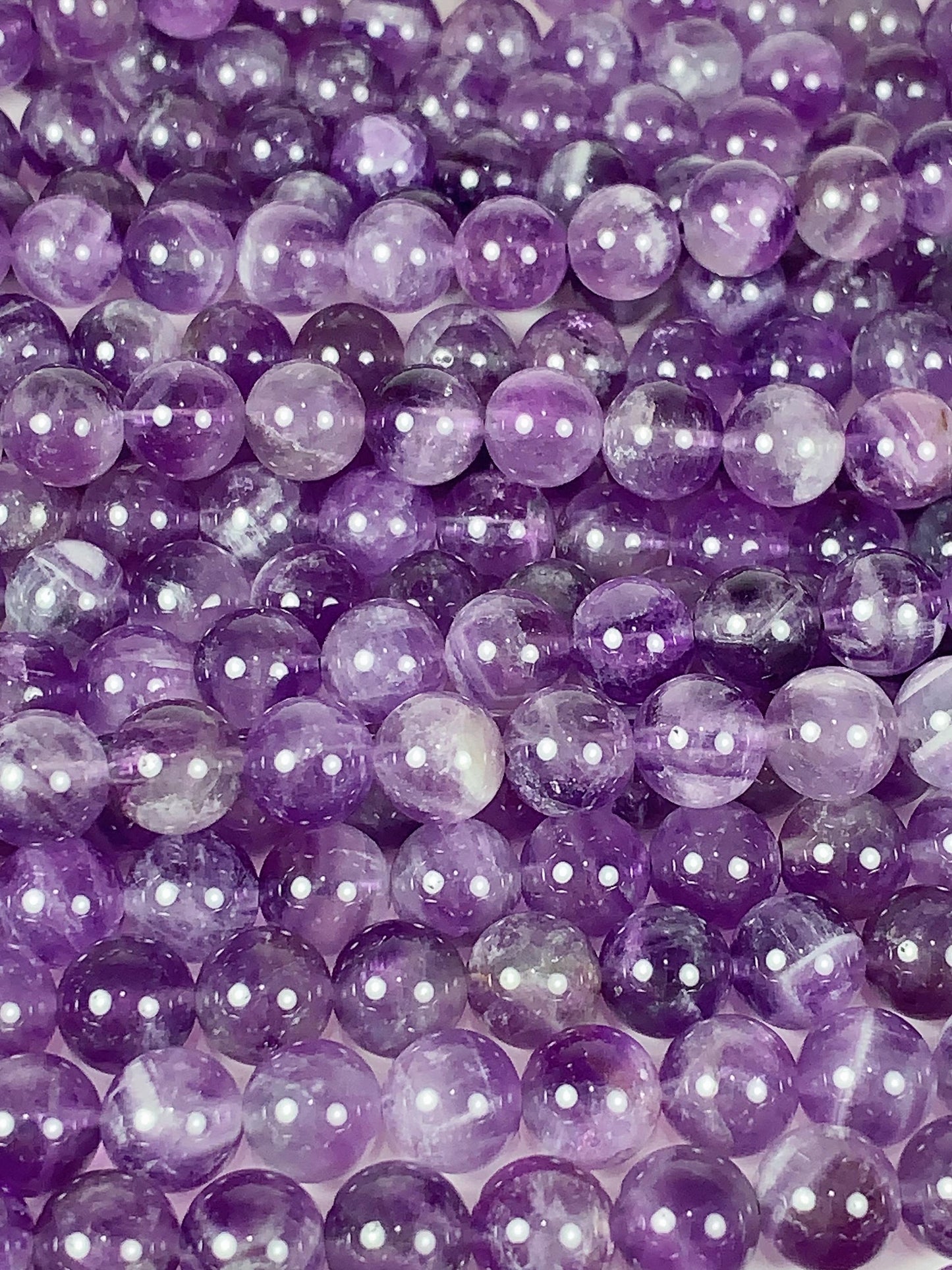 Amethyst White Stripe Quartz Beads: Natural Smooth Round, 15.5" Strand