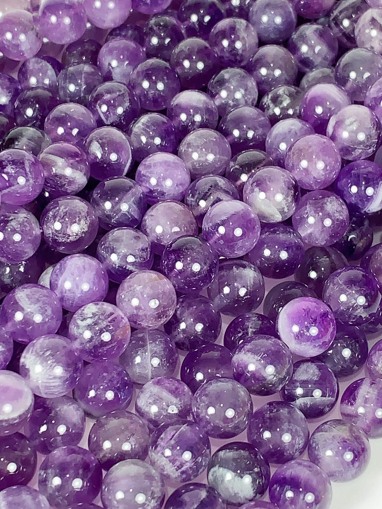 Amethyst White Stripe Quartz Beads: Natural Smooth Round, 15.5" Strand