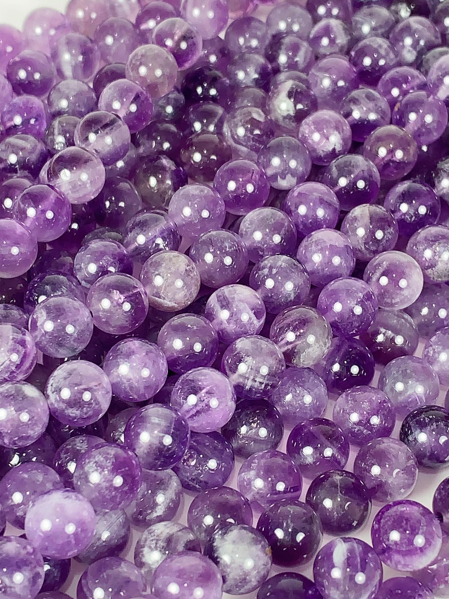 Amethyst White Stripe Quartz Beads: Natural Smooth Round, 15.5" Strand