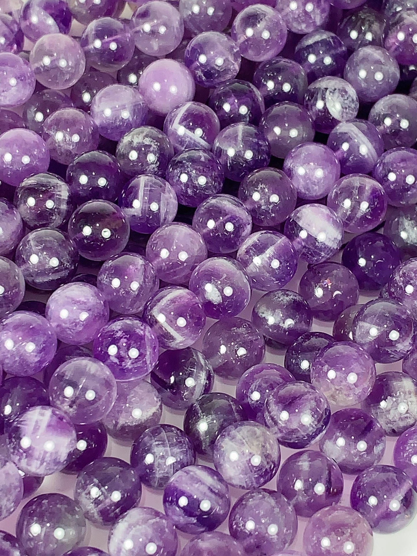 Amethyst White Stripe Quartz Beads: Natural Smooth Round, 15.5" Strand