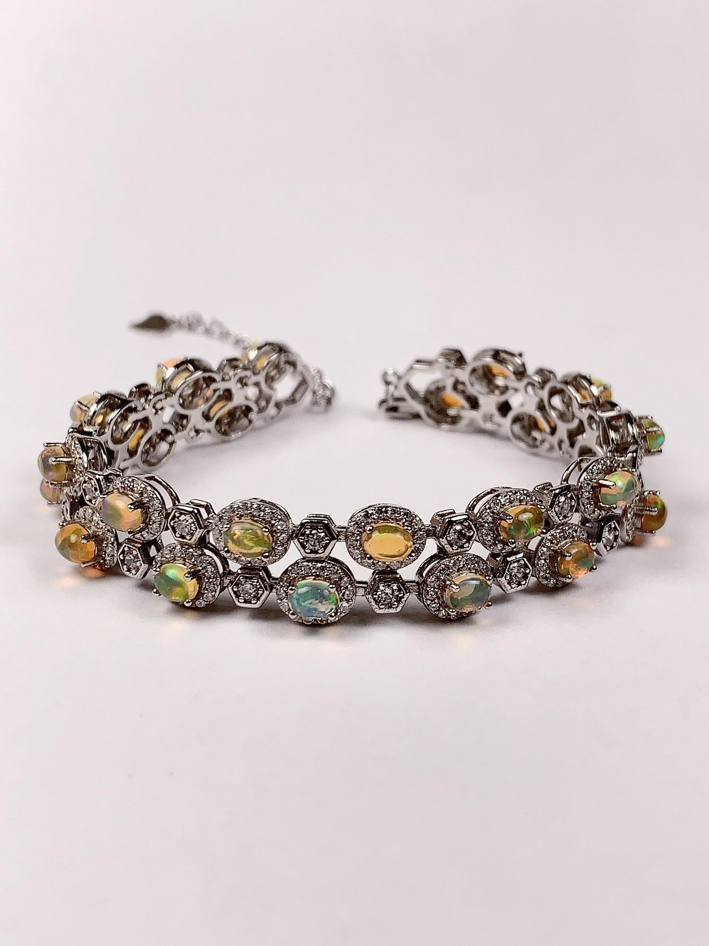 3mmx 4mm Genuine Natural Rainbow Opal Oval Cut 18K white Gold Plated S 925 Solid Sterling Silver Bracelet