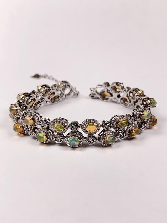 3mmx 4mm Genuine Natural Rainbow Opal Oval Cut 18K white Gold Plated S 925 Solid Sterling Silver Bracelet