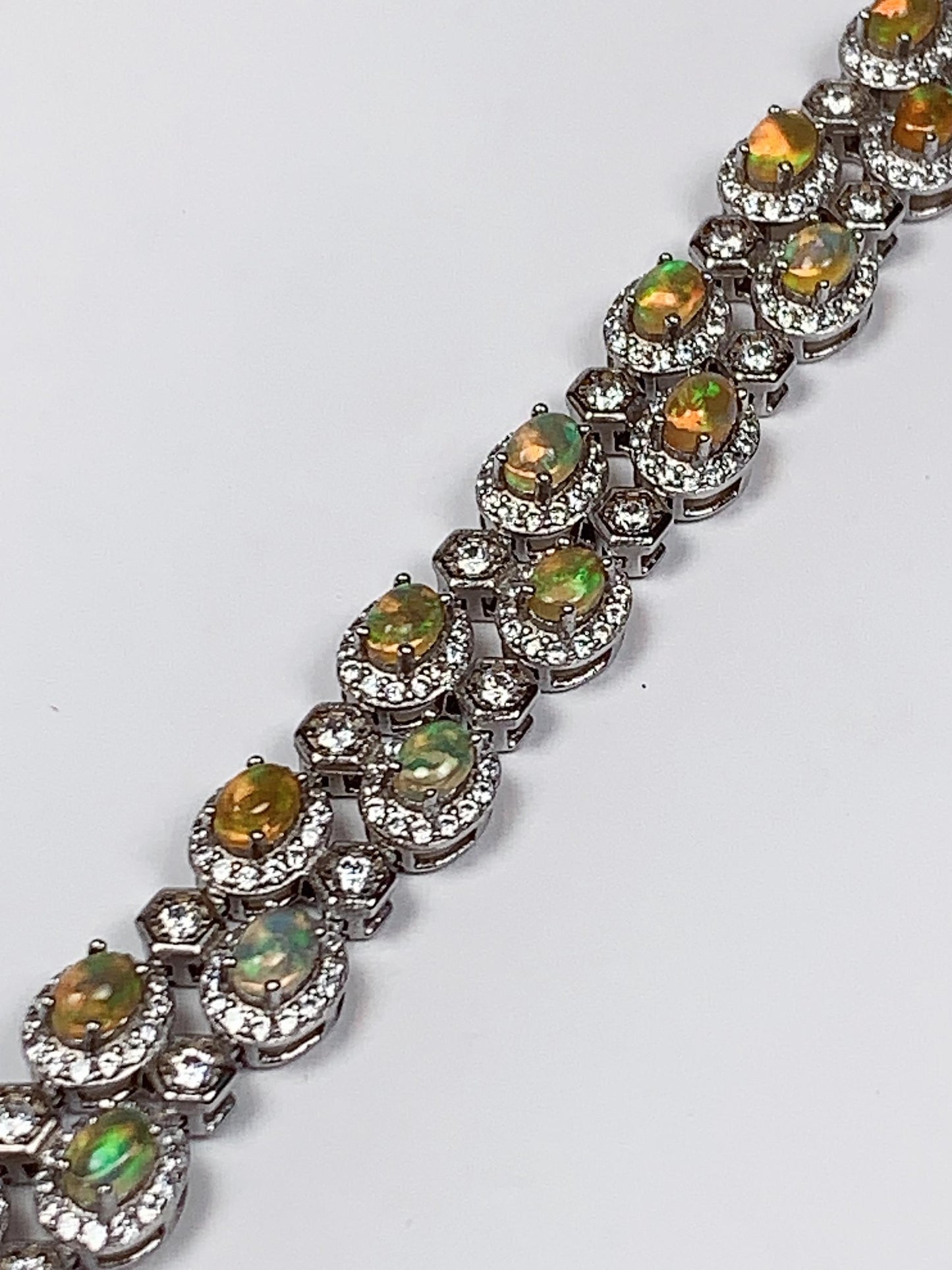 3mmx 4mm Genuine Natural Rainbow Opal Oval Cut 18K white Gold Plated S 925 Solid Sterling Silver Bracelet