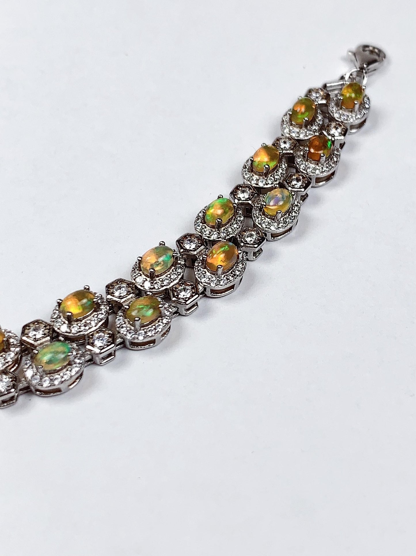 3mmx 4mm Genuine Natural Rainbow Opal Oval Cut 18K white Gold Plated S 925 Solid Sterling Silver Bracelet