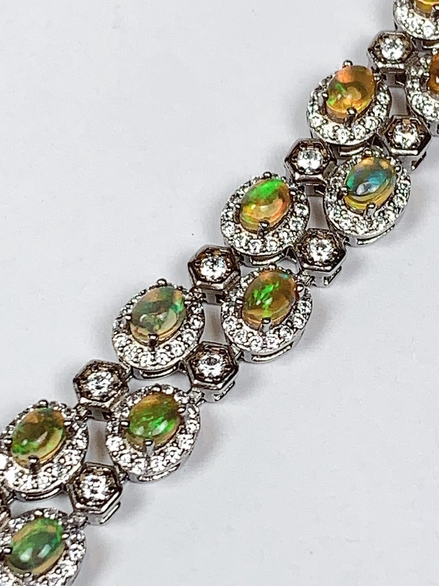 3mmx 4mm Genuine Natural Rainbow Opal Oval Cut 18K white Gold Plated S 925 Solid Sterling Silver Bracelet