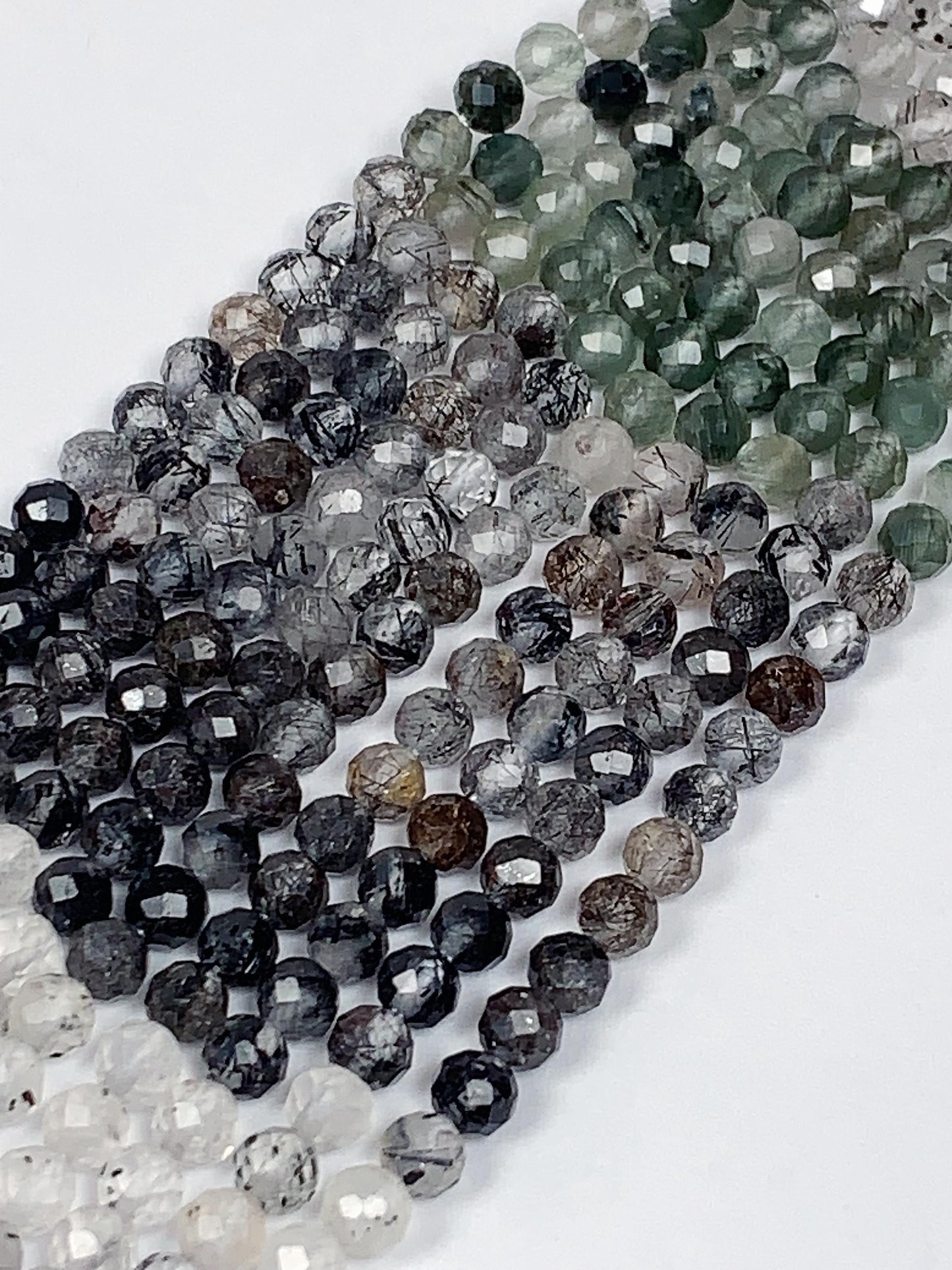 Faceted Rutilated Quartz Beads: Black, Green, Clear Gradient, 2-4mm