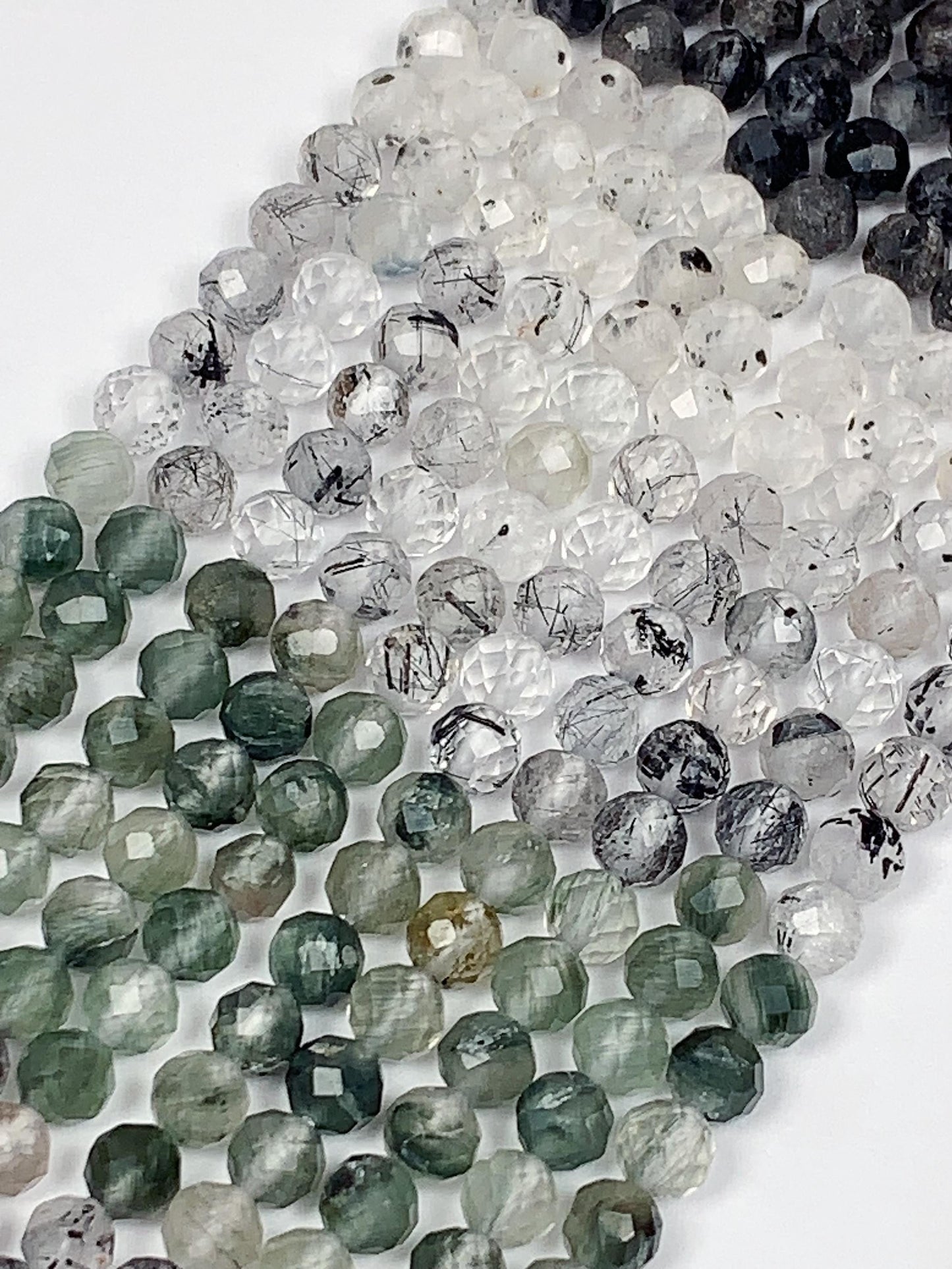 Faceted Rutilated Quartz Beads: Black, Green, Clear Gradient, 2-4mm