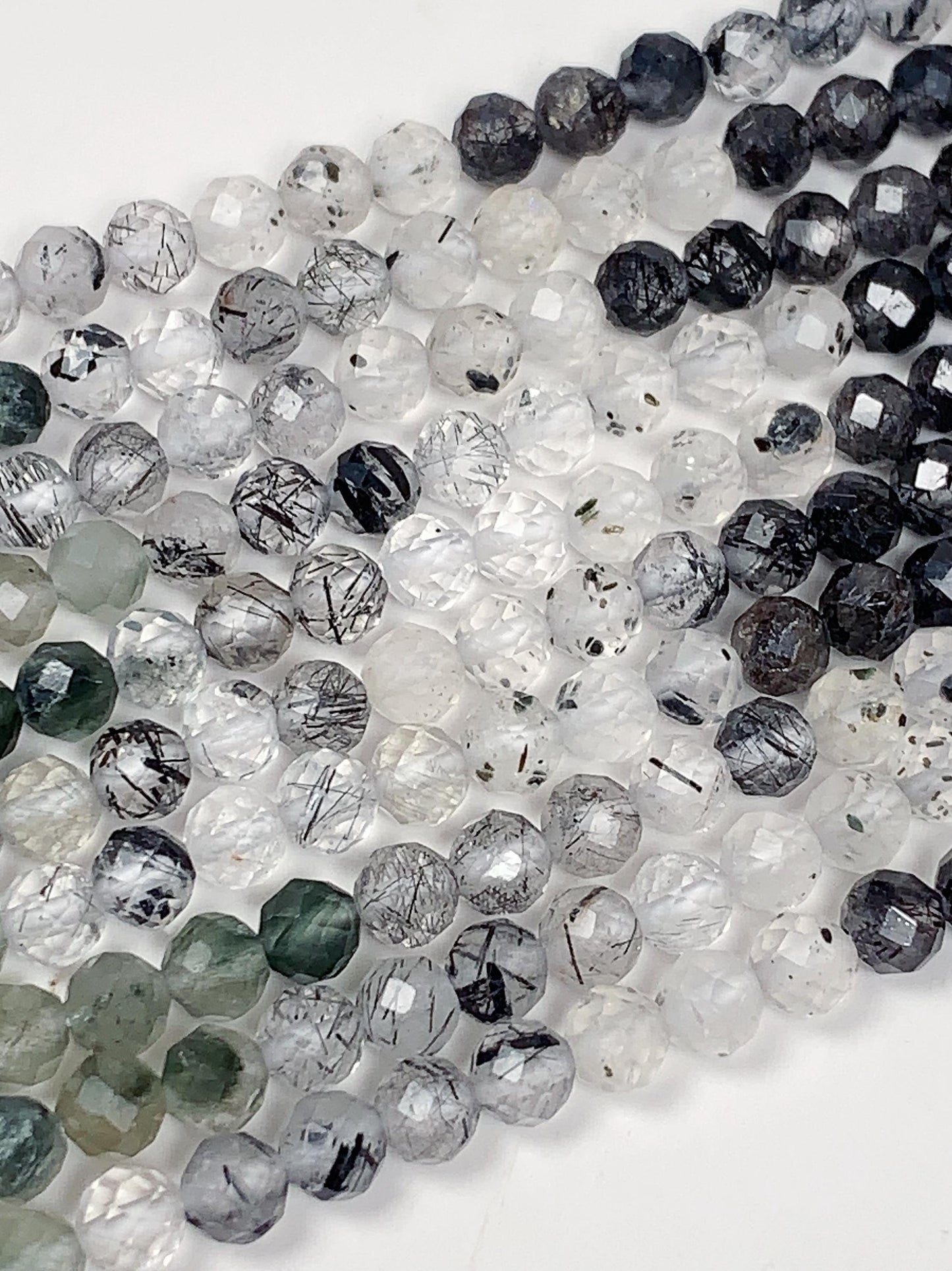 Faceted Rutilated Quartz Beads: Black, Green, Clear Gradient, 2-4mm