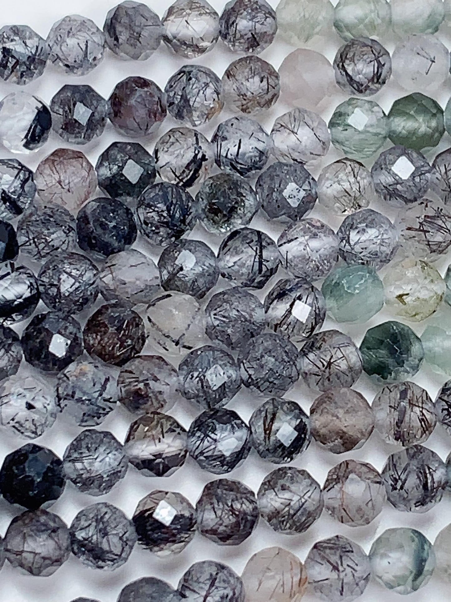 Faceted Rutilated Quartz Beads: Black, Green, Clear Gradient, 2-4mm