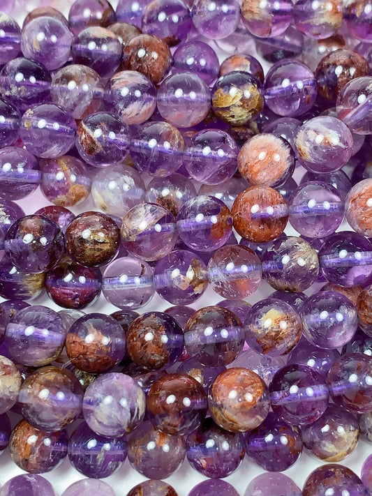 AAA Natural Purple Brown Super 7 Seven  Phantom Amethyst Cacoxenite Crystal Smooth Round Beads 15.5" Strand 6mm 8mm 10mm 12mm 14mm 16mm 17mm