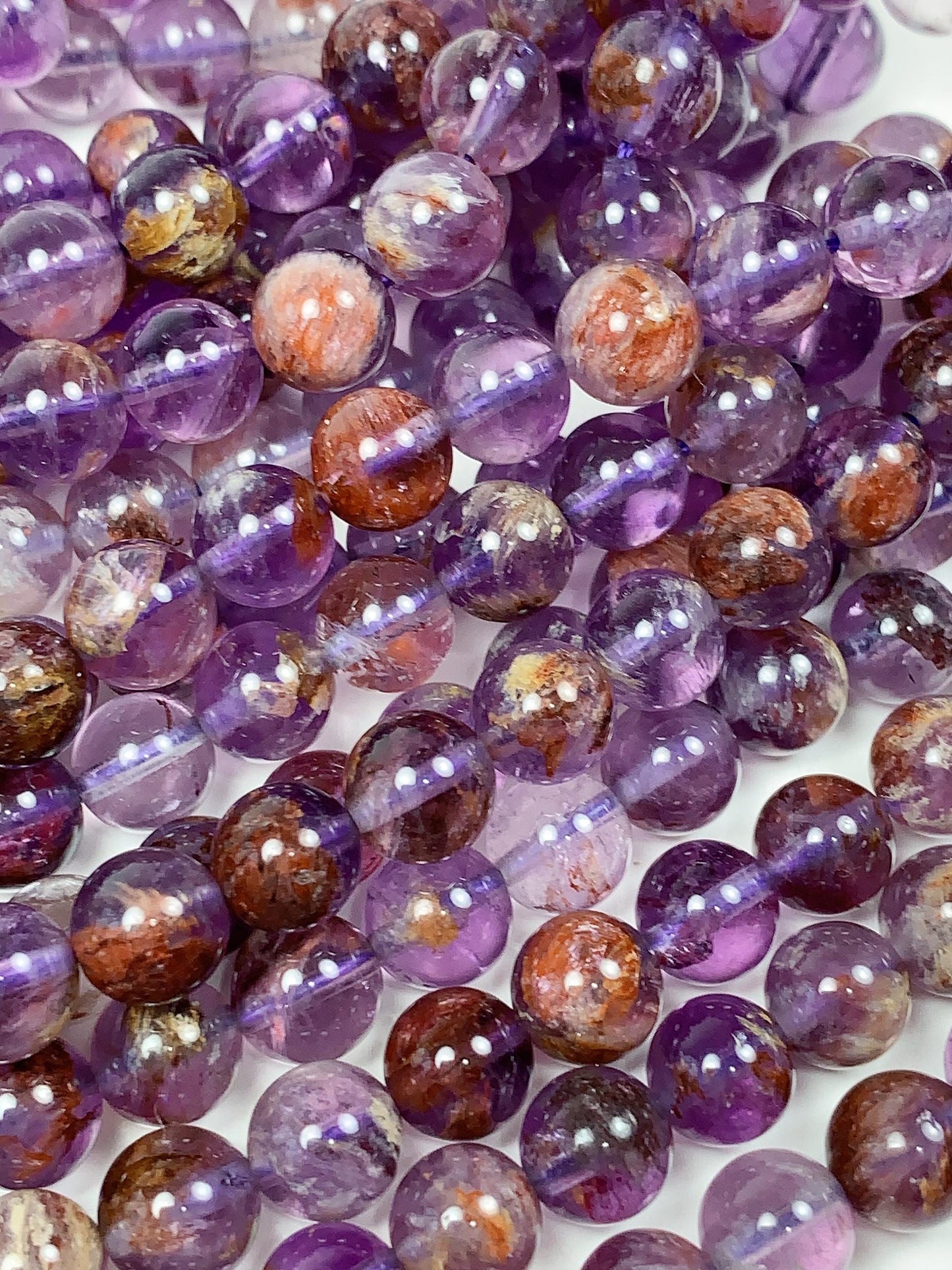 AAA Natural Purple Brown Super 7 Seven  Phantom Amethyst Cacoxenite Crystal Smooth Round Beads 15.5" Strand 6mm 8mm 10mm 12mm 14mm 16mm 17mm