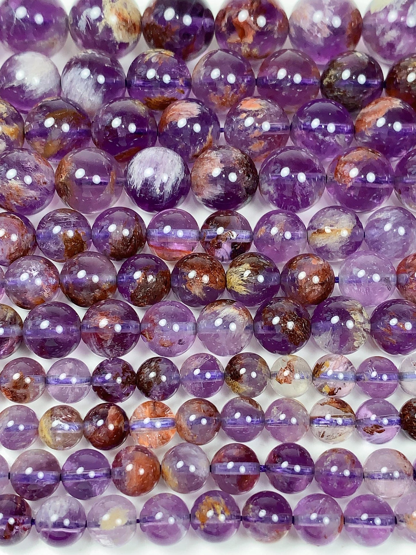 AAA Natural Purple Brown Super 7 Seven  Phantom Amethyst Cacoxenite Crystal Smooth Round Beads 15.5" Strand 6mm 8mm 10mm 12mm 14mm 16mm 17mm
