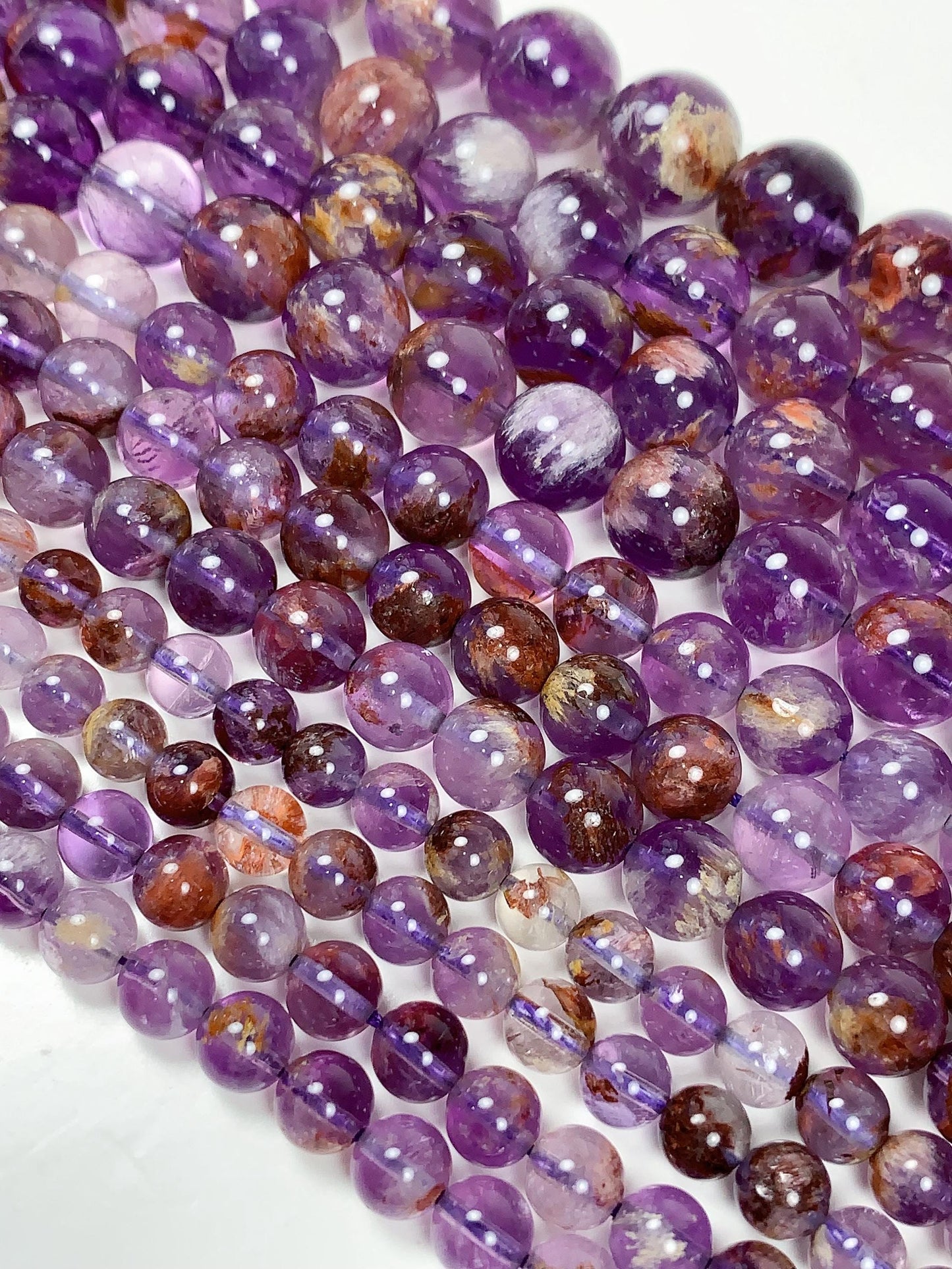 AAA Natural Purple Brown Super 7 Seven  Phantom Amethyst Cacoxenite Crystal Smooth Round Beads 15.5" Strand 6mm 8mm 10mm 12mm 14mm 16mm 17mm