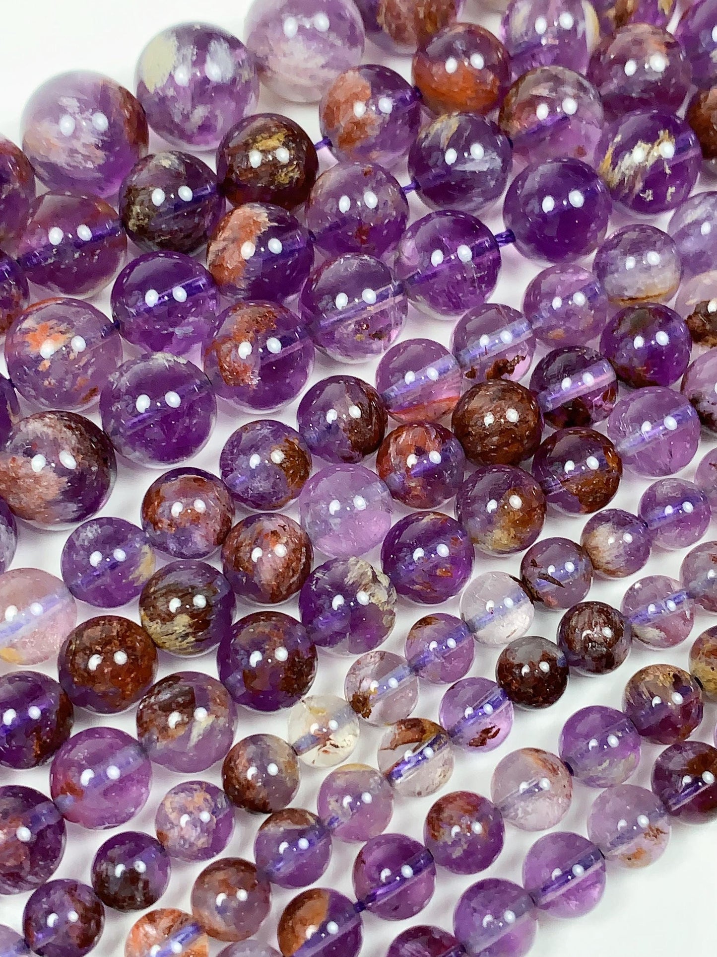 AAA Natural Purple Brown Super 7 Seven  Phantom Amethyst Cacoxenite Crystal Smooth Round Beads 15.5" Strand 6mm 8mm 10mm 12mm 14mm 16mm 17mm