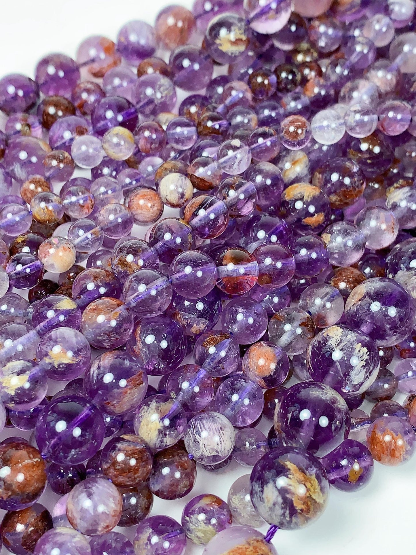 AAA Natural Purple Brown Super 7 Seven  Phantom Amethyst Cacoxenite Crystal Smooth Round Beads 15.5" Strand 6mm 8mm 10mm 12mm 14mm 16mm 17mm