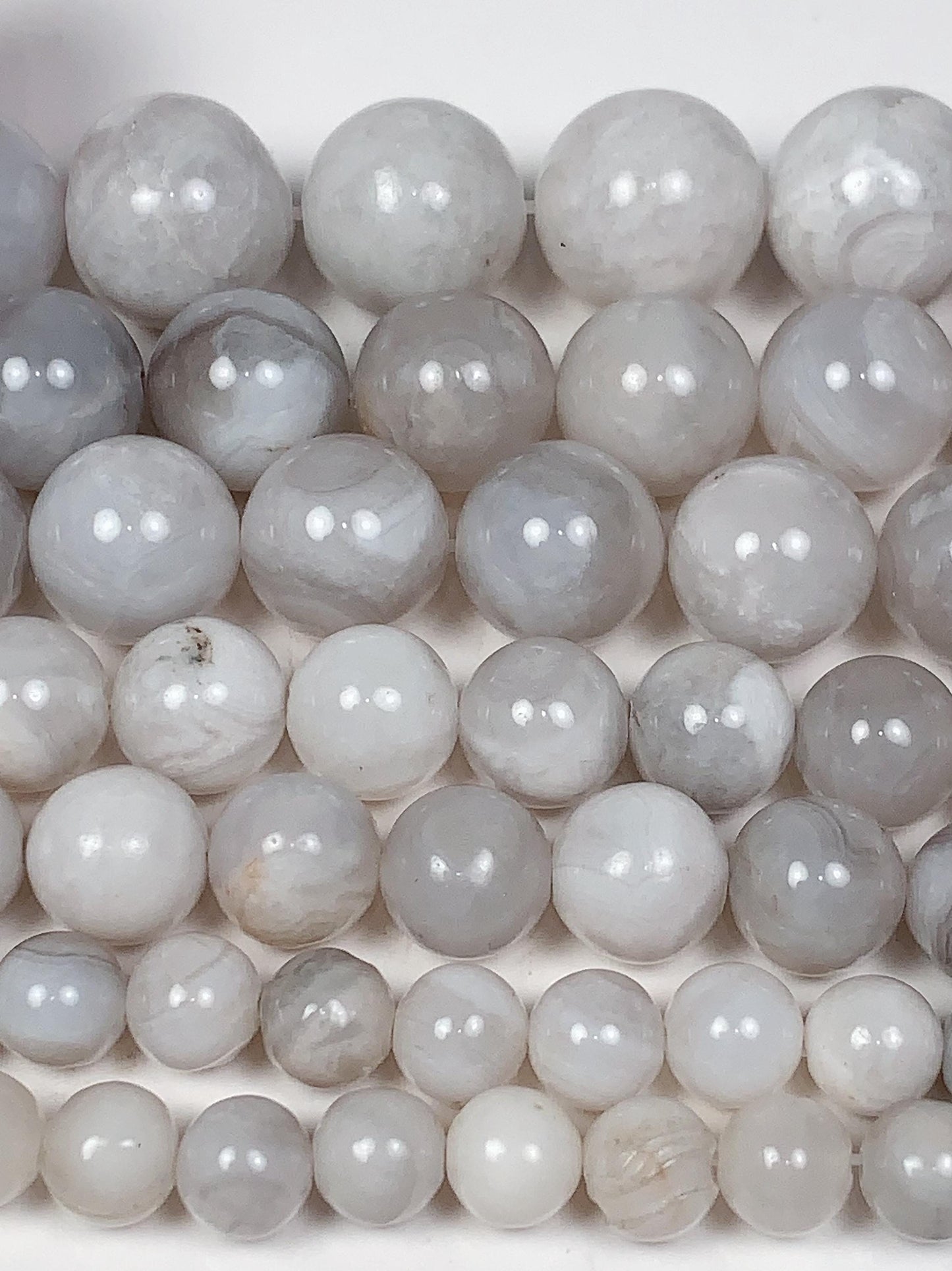 Natural White & Gray Agate Beads: Smooth Round Gemstone Strand