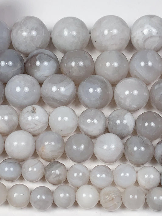 Natural White & Gray Agate Beads: Smooth Round Gemstone Strand