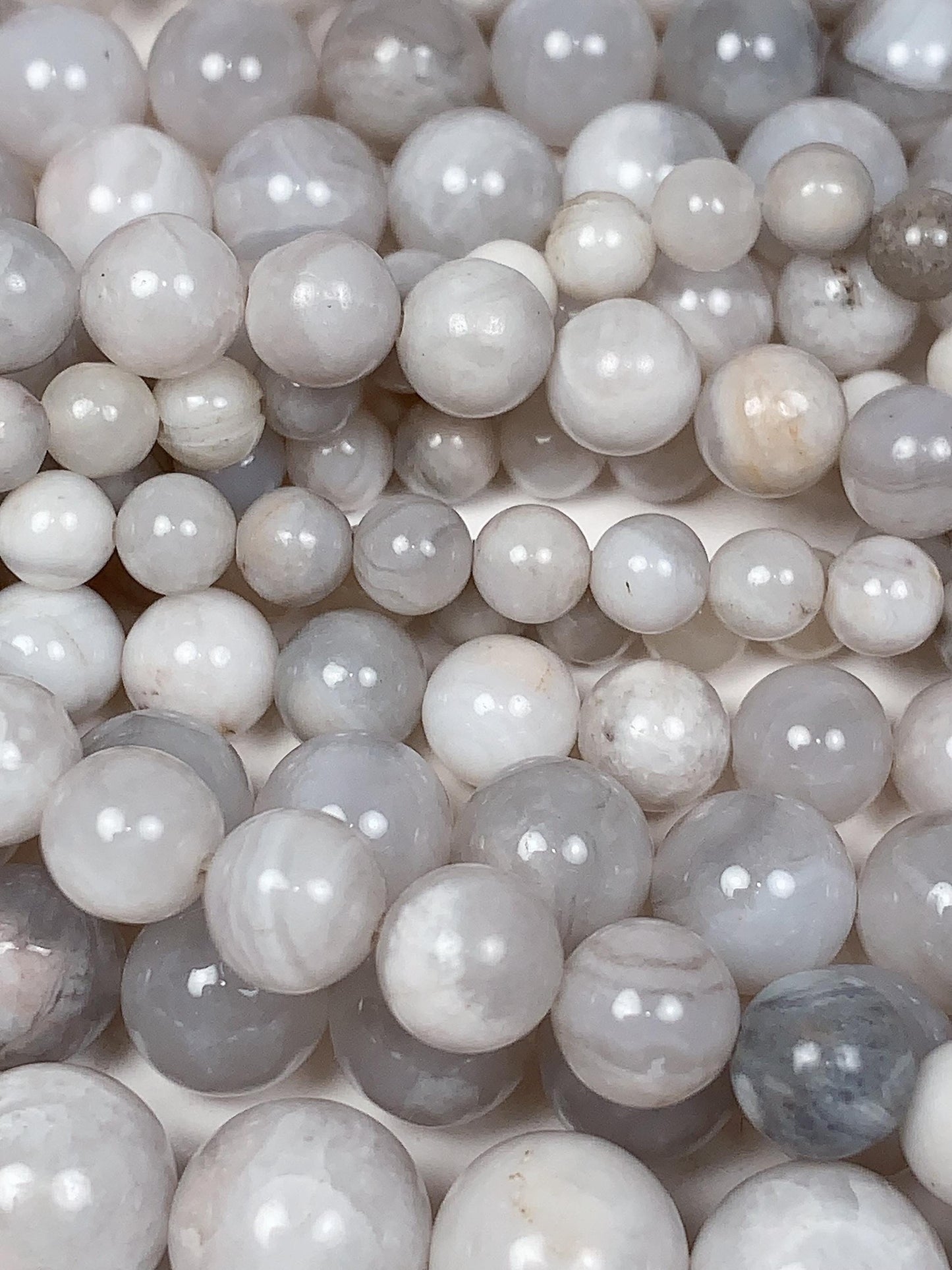 Natural White & Gray Agate Beads: Smooth Round Gemstone Strand