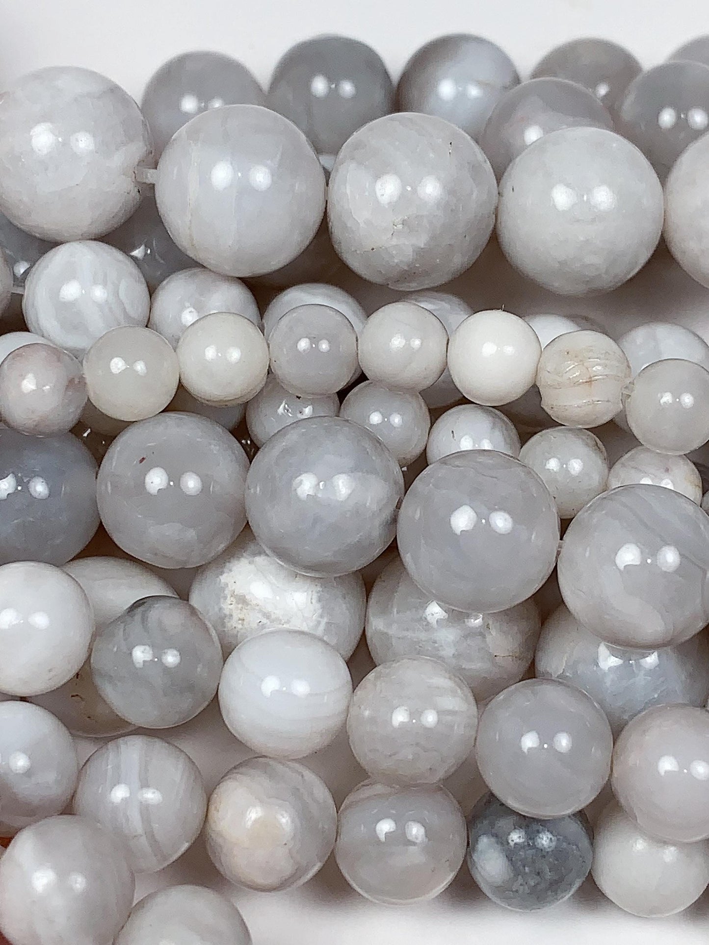 Natural White & Gray Agate Beads: Smooth Round Gemstone Strand