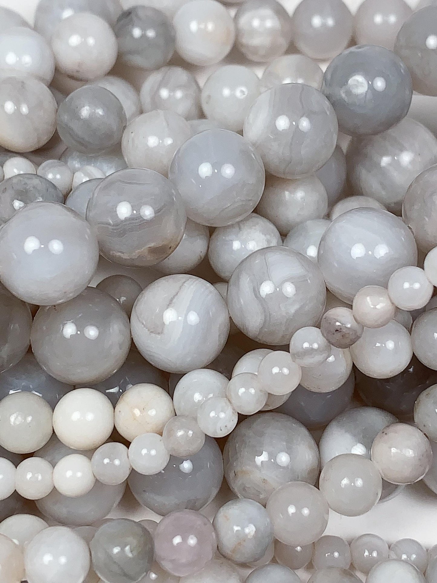 Natural White & Gray Agate Beads: Smooth Round Gemstone Strand