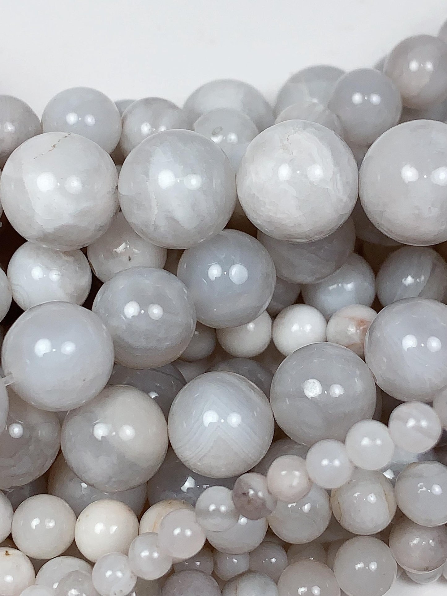 Natural White & Gray Agate Beads: Smooth Round Gemstone Strand