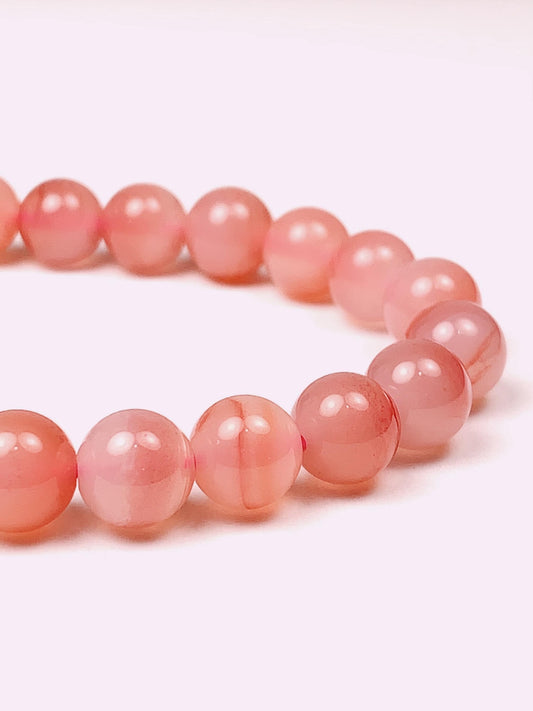 Grade AAA Genuine Natural Peach Pink Fenyanyuan Agate Smooth Round Stretch Bracelet 8mm