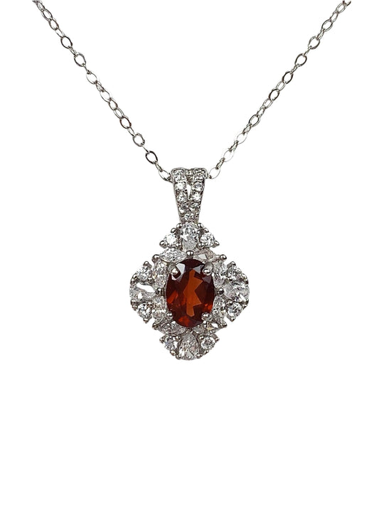Red Garnet Sterling Silver Necklace: 18K Gold Plated Oval Pendant