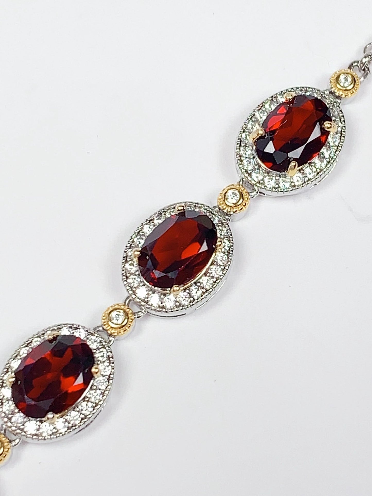 AAA Red Garnet Bracelet: 18K Gold Plated Sterling Silver, Oval Cut