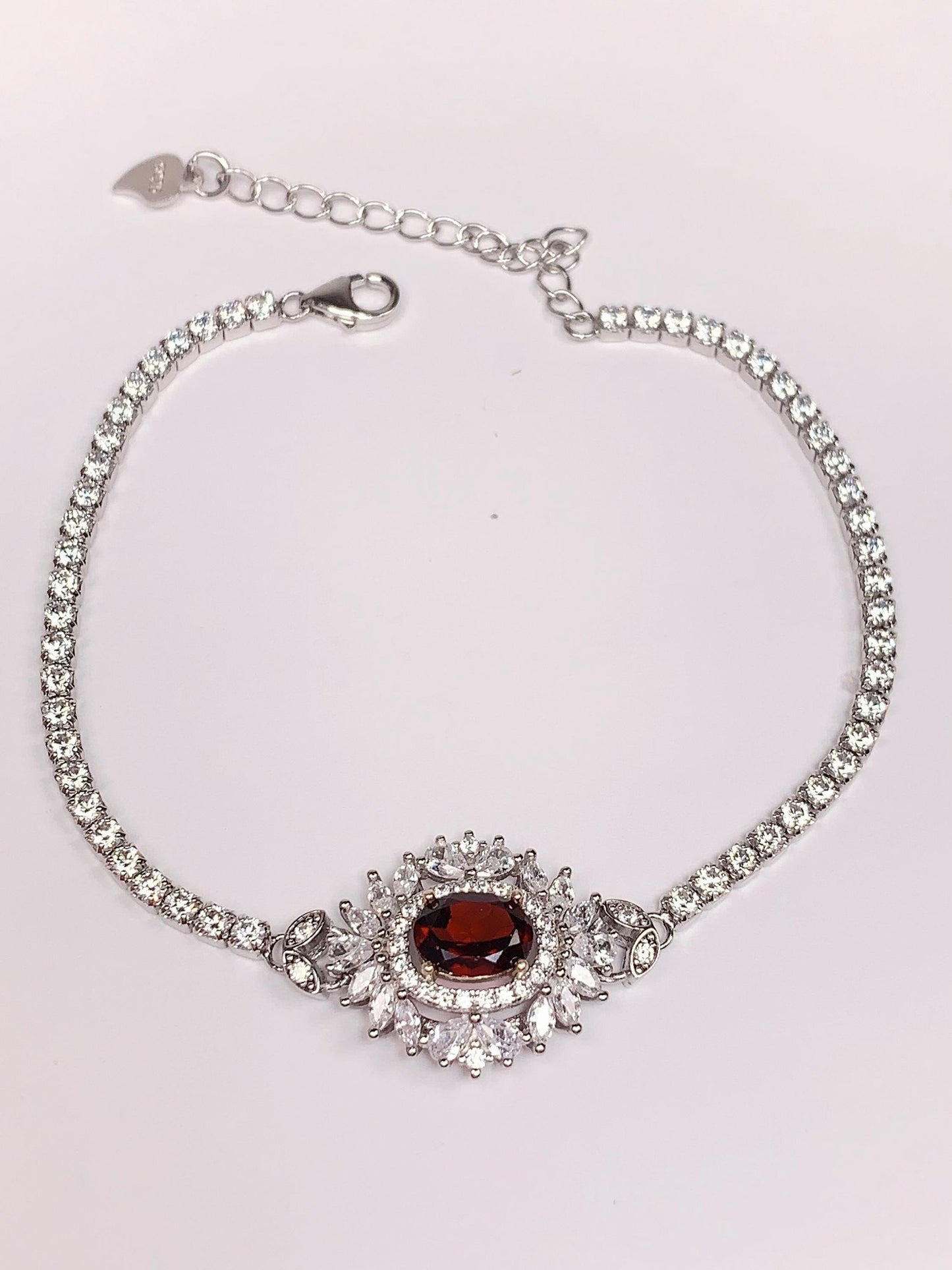 Red Garnet Sterling Silver Bracelet: 18K White Gold Plated