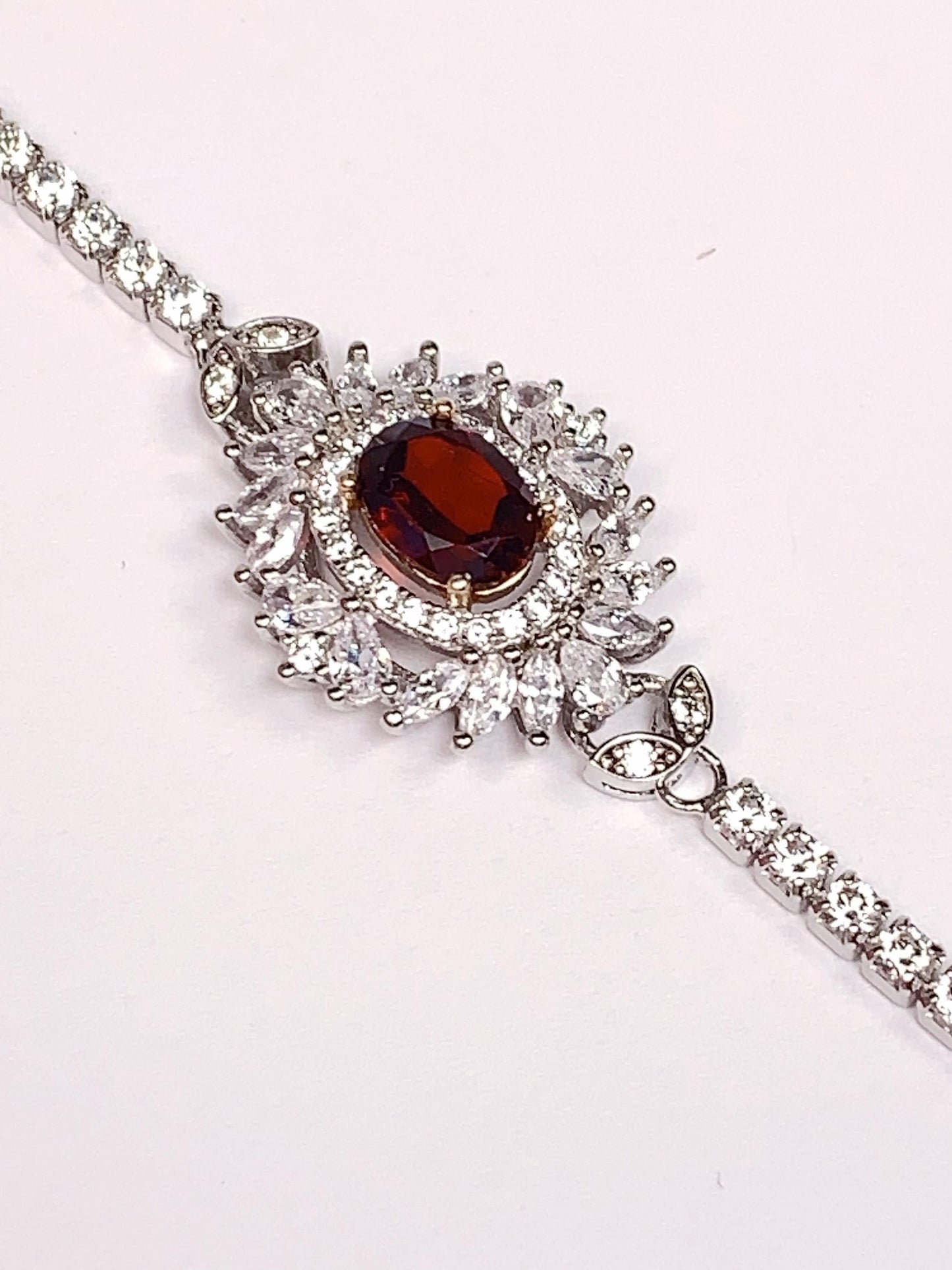 Red Garnet Sterling Silver Bracelet: 18K White Gold Plated