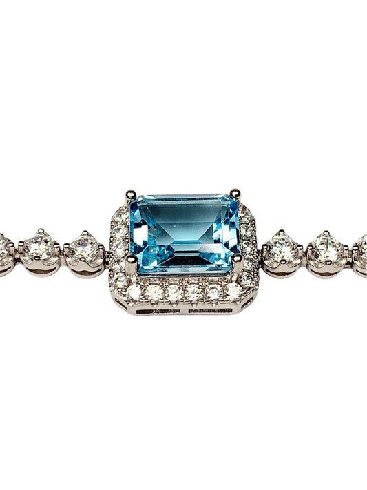 10mm X 8mm Grade AAA Genuine Natural Blue Topaz rectangle Cut 18K white Gold Plated S 925Sterling Silver Bracelet birthstones