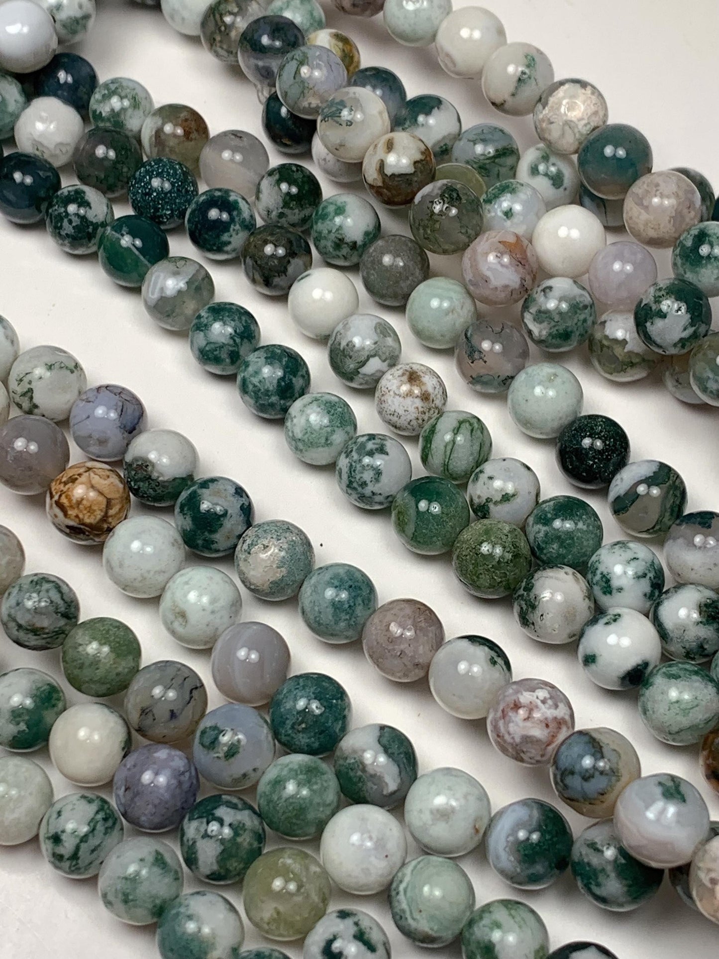 Natural Green Tree Agate Smooth Round Beads:  Gemstone Strand (15.5")