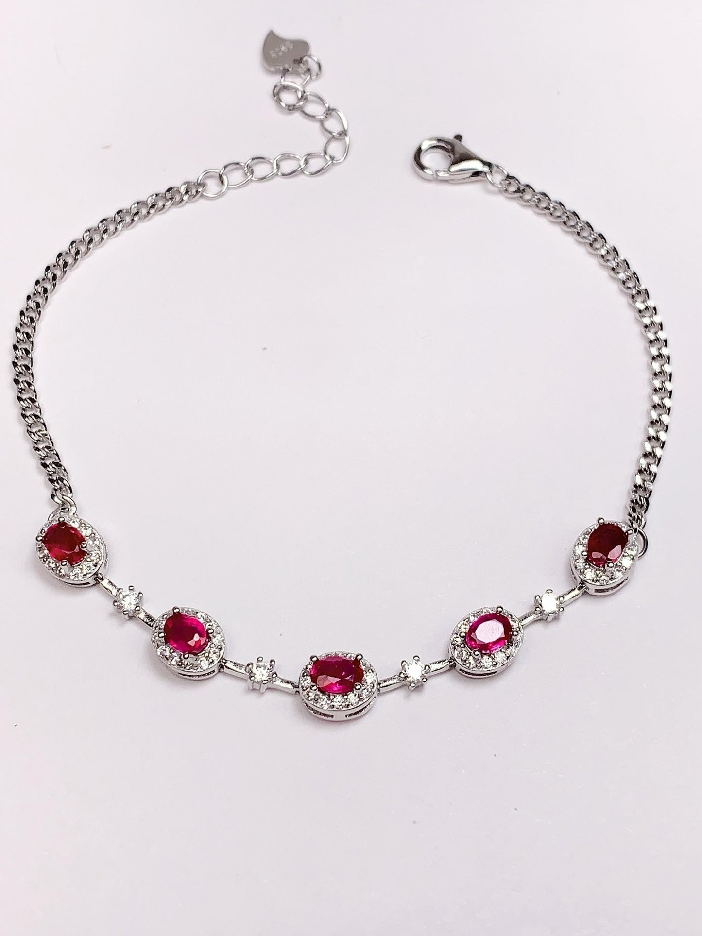 Ruby Sterling Silver Bracelet: 18K White Gold Plated, Dainty Gemstone