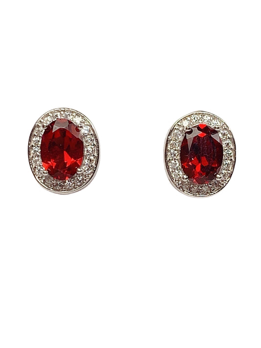 Red Garnet Sterling Silver Earrings: 18k Gold Plated Halo Studs