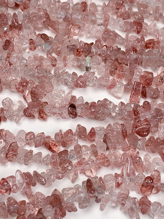 Strawberry Quartz Chip Beads: Natural Red Pink Gemstone Crystal, 32" Strand