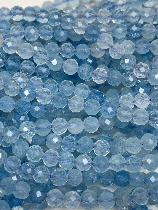 Natural Soft Translucent Blue Aquamarine Faceted Round  Beads: 15.5 Strand  Gemstone (2mm 3mm 4mm)