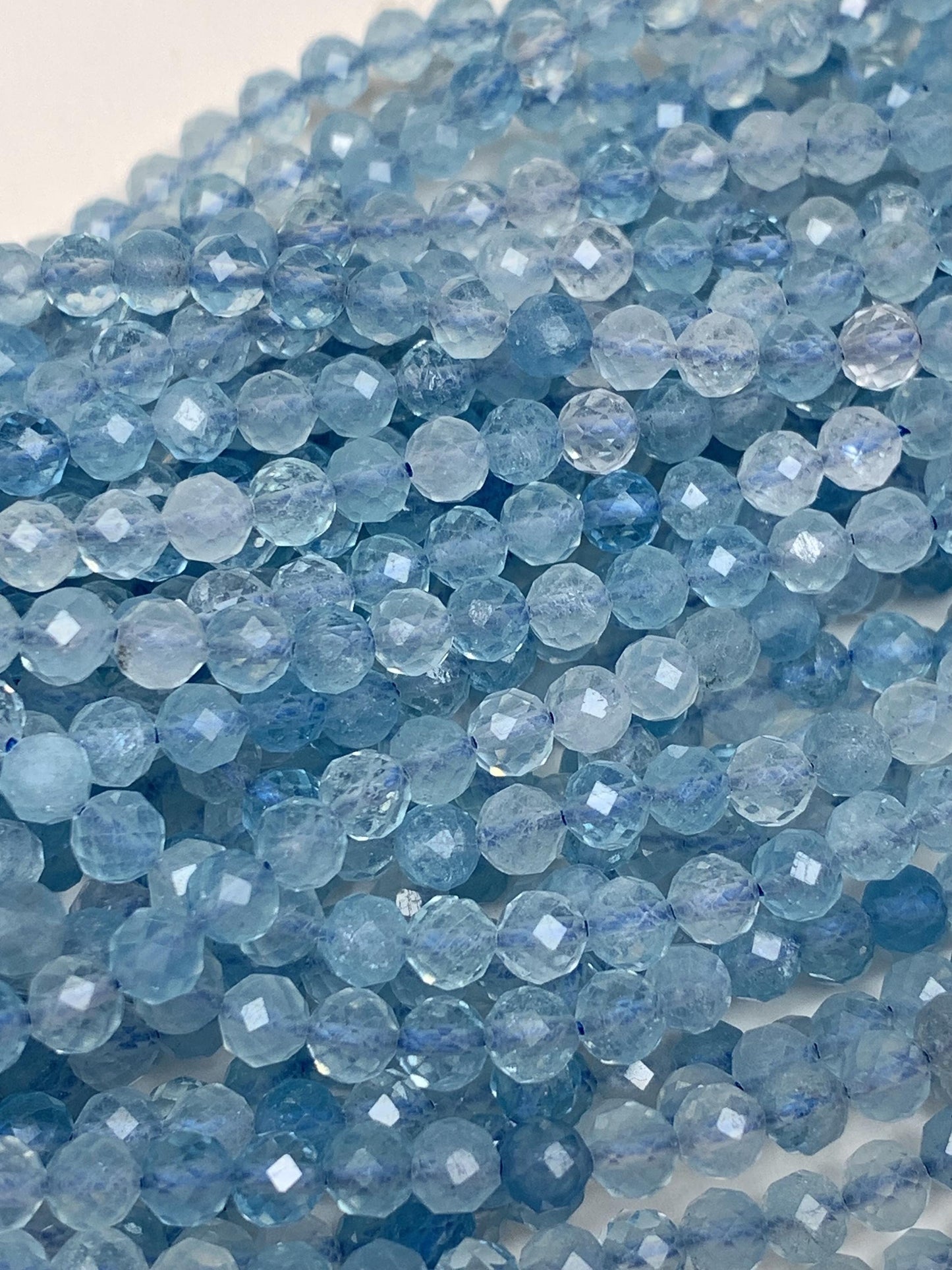 Natural Soft Translucent Blue Aquamarine Faceted Round  Beads: 15.5 Strand  Gemstone (2mm 3mm 4mm)